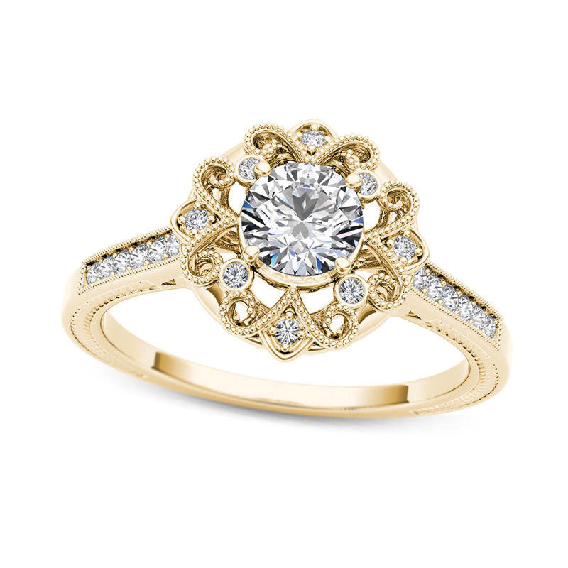 Image of ID 1 063 CT TW Natural Diamond Flower Frame Antique Vintage-Style Engagement Ring in Solid 14K Gold
