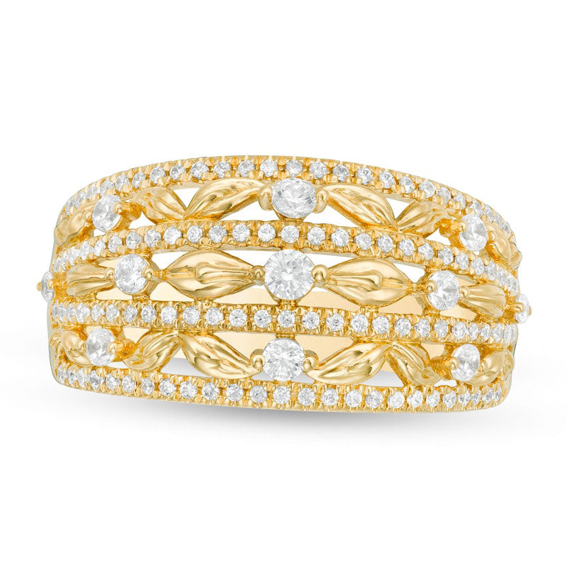Image of ID 1 063 CT TW Natural Diamond Flower Petals Three Row Ring in Solid 10K Yellow Gold