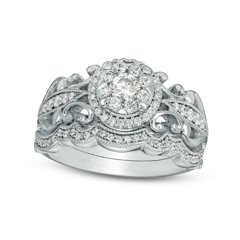 Image of ID 1 063 CT TW Natural Diamond Frame Filigree Antique Vintage-Style Bridal Engagement Ring Set in Solid 10K White Gold