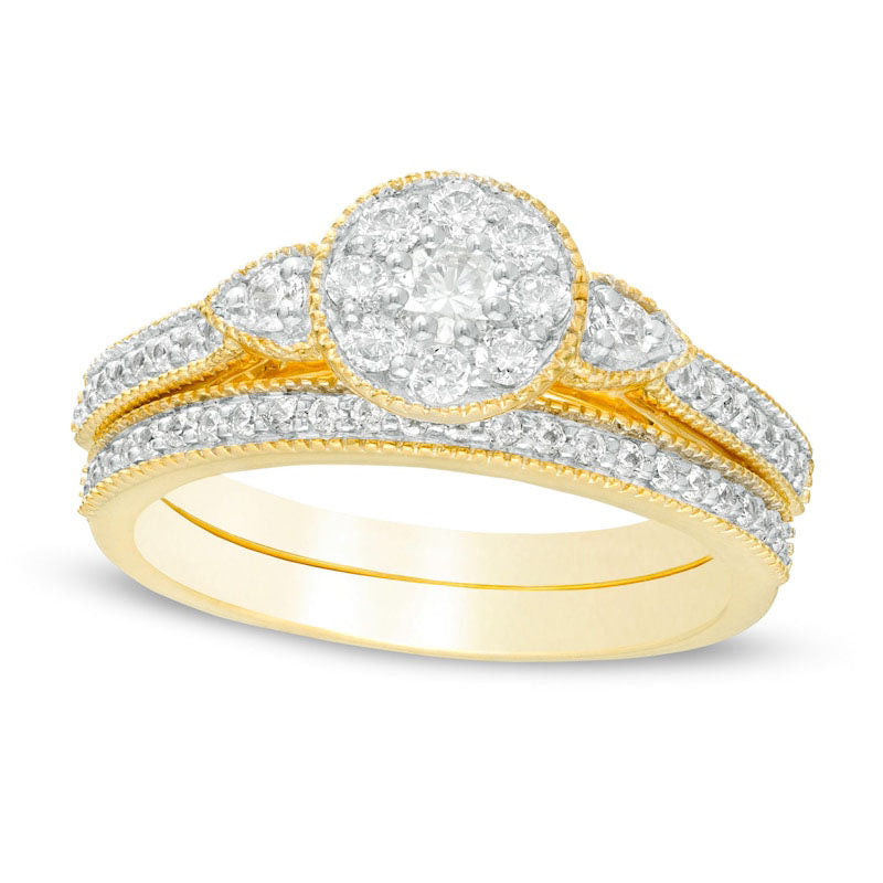 Image of ID 1 063 CT TW Natural Diamond Frame Petal-Sides Antique Vintage-Style Bridal Engagement Ring Set in Solid 10K Yellow Gold