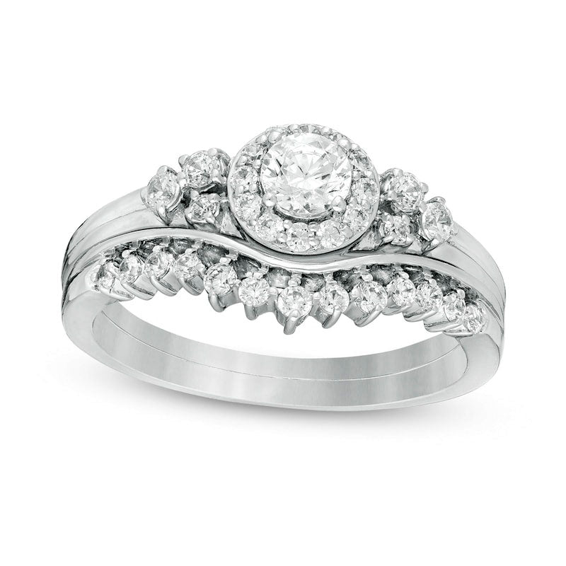 Image of ID 1 063 CT TW Natural Diamond Frame Tri-Sides Bridal Engagement Ring Set in Solid 10K White Gold