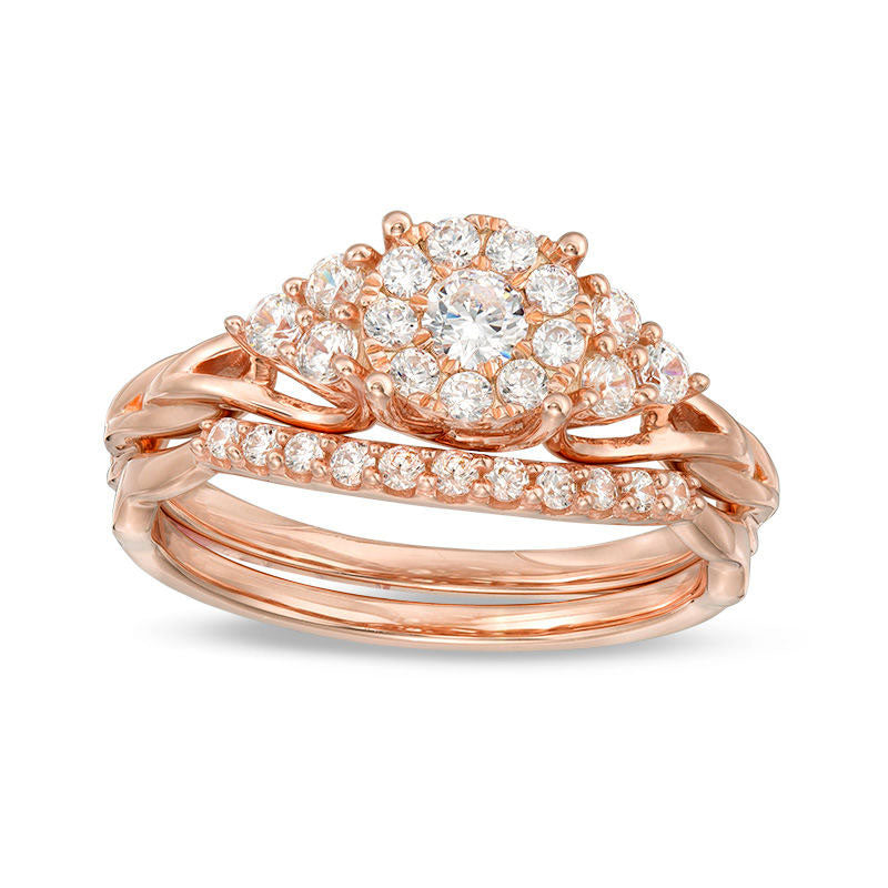 Image of ID 1 063 CT TW Natural Diamond Frame Tri-Sides Layered Shank Bridal Engagement Ring Set in Solid 14K Rose Gold