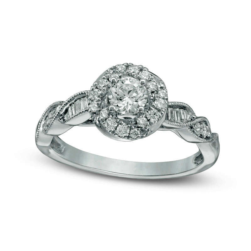 Image of ID 1 063 CT TW Natural Diamond Orbit Frame Twist Antique Vintage-Style Engagement Ring in Solid 14K White Gold - Size 7