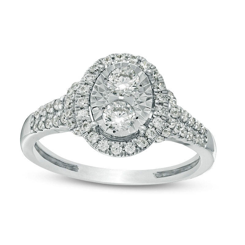 Image of ID 1 063 CT TW Natural Diamond Oval Frame Collar Engagement Ring in Solid 14K White Gold