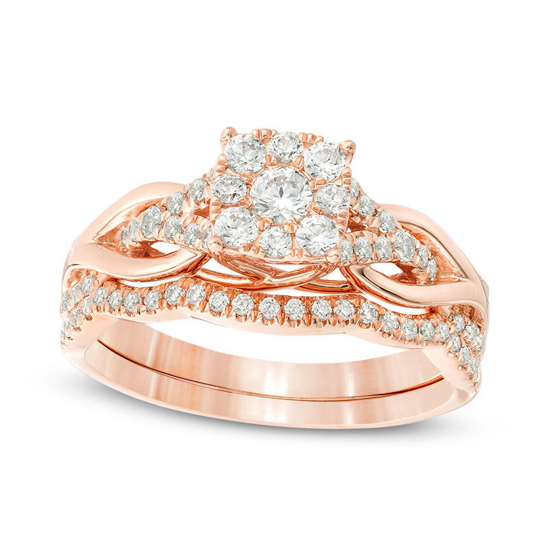 Image of ID 1 063 CT TW Natural Diamond Square Frame Knot Shank Bridal Engagement Ring Set in Solid 14K Rose Gold