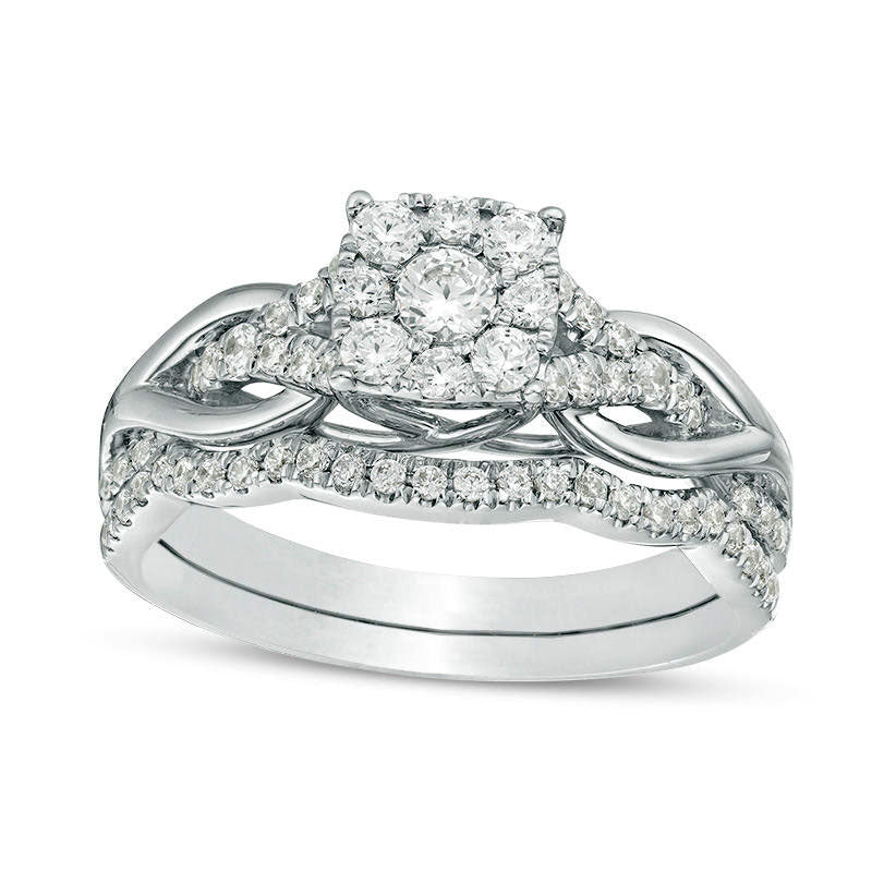 Image of ID 1 063 CT TW Natural Diamond Square Frame Knot Shank Bridal Engagement Ring Set in Solid 14K White Gold