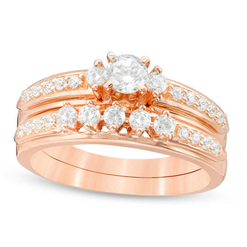 Image of ID 1 063 CT TW Natural Diamond Three Stone Bridal Engagement Ring Set in Solid 14K Rose Gold
