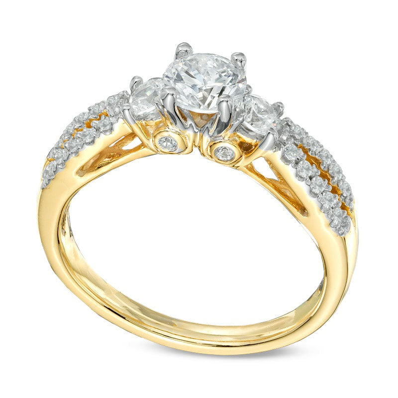 Image of ID 1 063 CT TW Natural Diamond Three Stone Split Shank Engagement Ring in Solid 14K Gold
