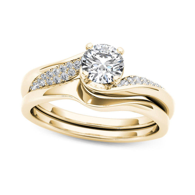Image of ID 1 063 CT TW Natural Diamond Twist Bypass Bridal Engagement Ring Set in Solid 14K Gold