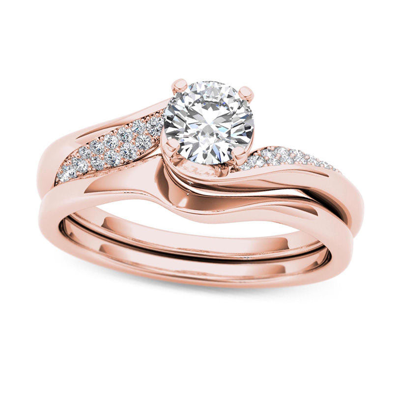 Image of ID 1 063 CT TW Natural Diamond Twist Bypass Bridal Engagement Ring Set in Solid 14K Rose Gold