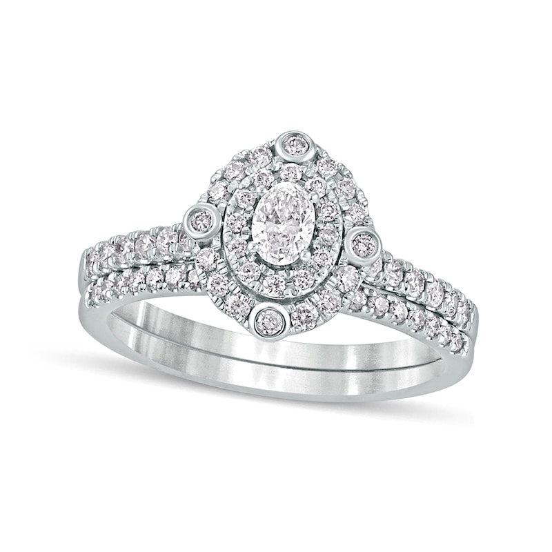 Image of ID 1 063 CT TW Oval Natural Diamond Double Frame Bridal Engagement Ring Set in Solid 10K White Gold