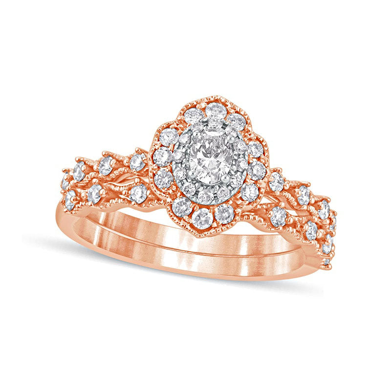 Image of ID 1 063 CT TW Oval Natural Diamond Frame Antique Vintage-Style Bridal Engagement Ring Set in Solid 10K Rose Gold
