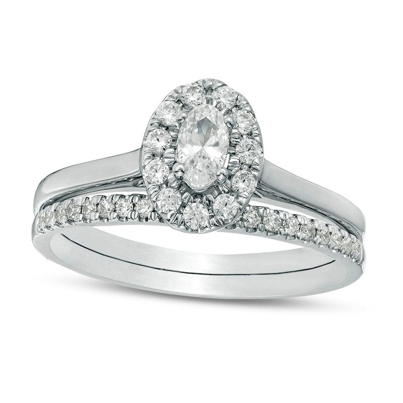 Image of ID 1 063 CT TW Oval Natural Diamond Frame Bridal Engagement Ring Set in Solid 14K White Gold