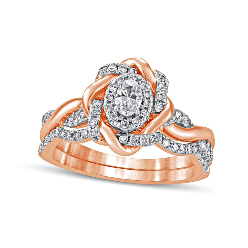Image of ID 1 063 CT TW Oval Natural Diamond Frame Twist Shank Bridal Engagement Ring Set in Solid 10K Rose Gold