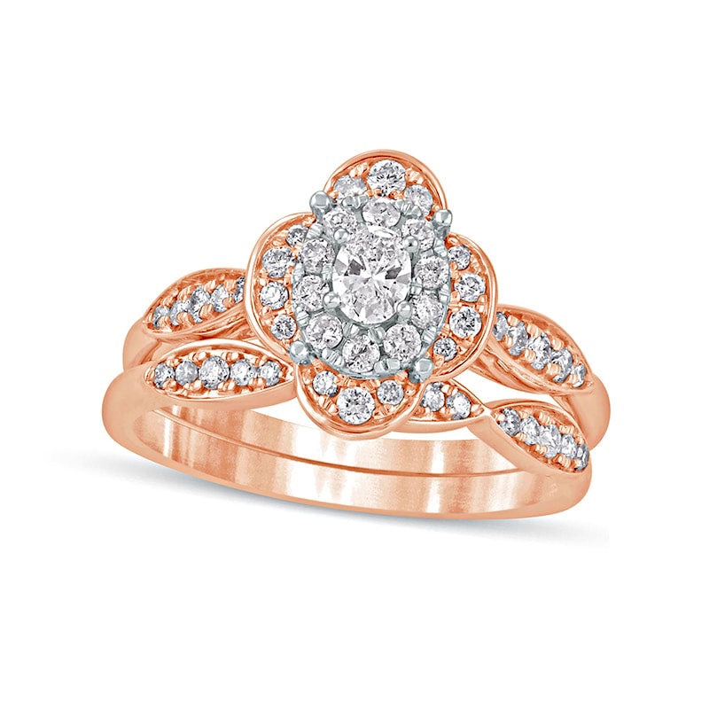 Image of ID 1 063 CT TW Oval Natural Diamond Quatrefoil Frame Art Deco Bridal Engagement Ring Set in Solid 10K Rose Gold