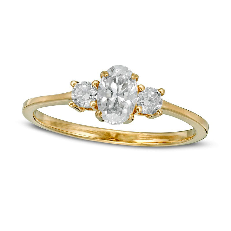 Image of ID 1 063 CT TW Oval and Round Natural Diamond Three Stone Engagement Ring in Solid 14K Gold