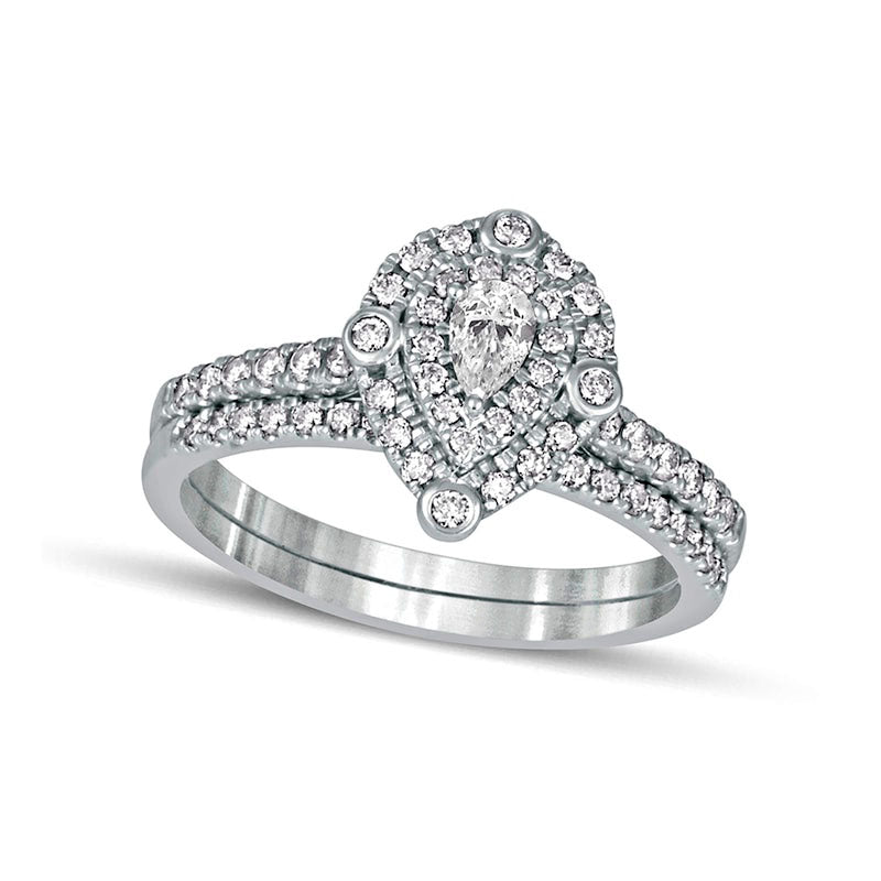 Image of ID 1 063 CT TW Pear-Shaped Natural Diamond Double Frame Bridal Engagement Ring Set in Solid 10K White Gold