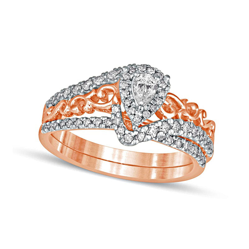 Image of ID 1 063 CT TW Pear-Shaped Natural Diamond Double Frame Filigree Bypass Bridal Engagement Ring Set in Solid 10K Rose Gold