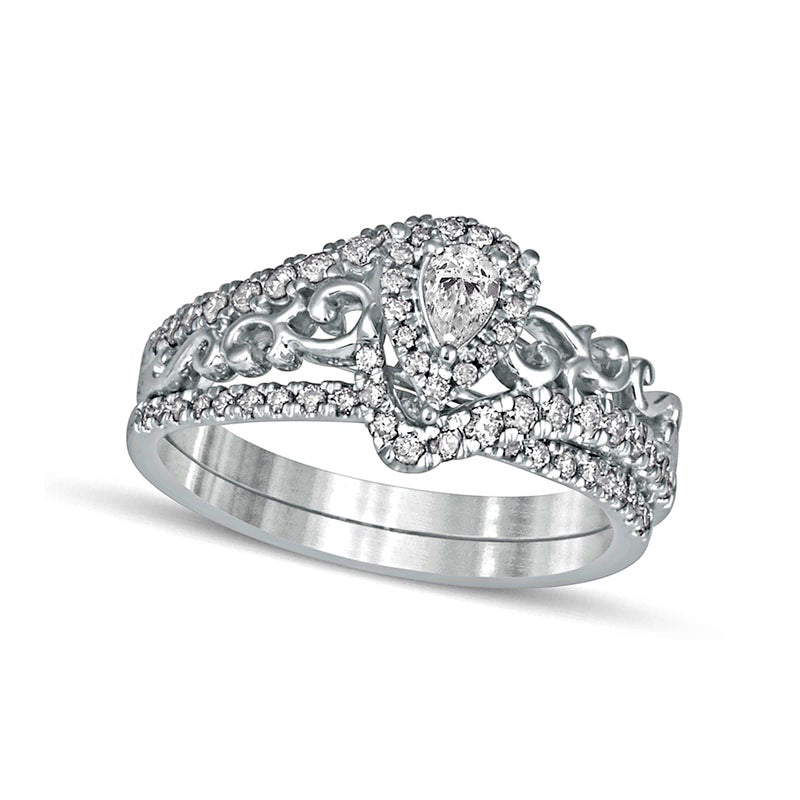 Image of ID 1 063 CT TW Pear-Shaped Natural Diamond Frame Filigree Bypass Bridal Engagement Ring Set in Solid 10K White Gold