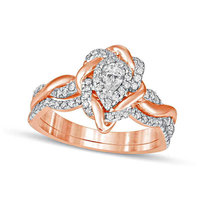 Image of ID 1 063 CT TW Pear-Shaped Natural Diamond Frame Twist Shank Bridal Engagement Ring Set in Solid 10K Rose Gold