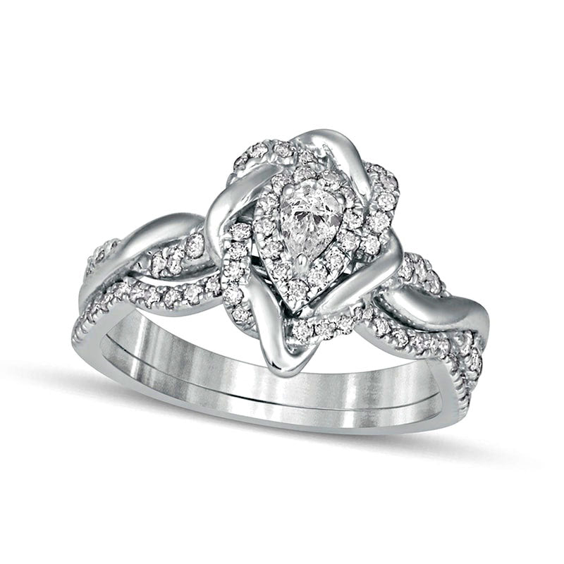 Image of ID 1 063 CT TW Pear-Shaped Natural Diamond Frame Twist Shank Bridal Engagement Ring Set in Solid 10K White Gold
