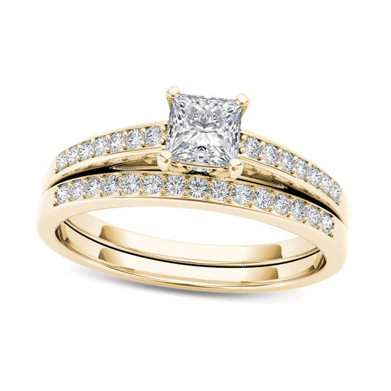 Image of ID 1 063 CT TW Princess-Cut Natural Diamond Bridal Engagement Ring Set in Solid 14K Gold