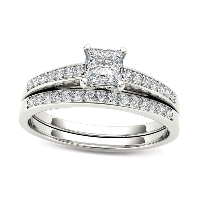 Image of ID 1 063 CT TW Princess-Cut Natural Diamond Bridal Engagement Ring Set in Solid 14K White Gold