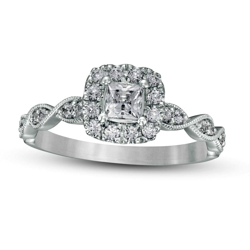 Image of ID 1 063 CT TW Princess-Cut Natural Diamond Cushion Frame Antique Vintage-Style Engagement Ring in Solid 14K White Gold (I/I2)