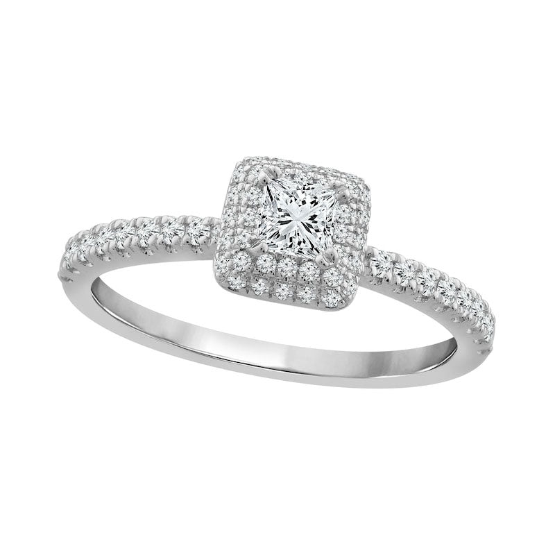 Image of ID 1 063 CT TW Princess-Cut Natural Diamond Double Cushion Frame Engagement Ring in Solid 14K White Gold