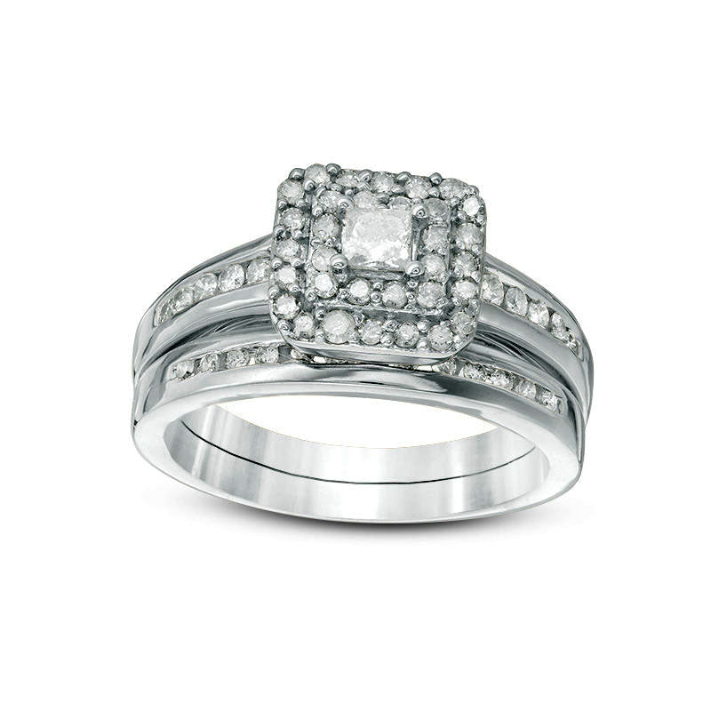Image of ID 1 063 CT TW Princess-Cut Natural Diamond Double Frame Bridal Engagement Ring Set in Solid 10K White Gold