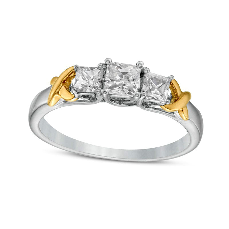 Image of ID 1 063 CT TW Princess-Cut Natural Diamond Three Stone X Shank Ring in Solid 10K Two-Tone Gold