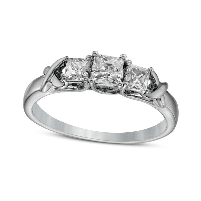 Image of ID 1 063 CT TW Princess-Cut Natural Diamond Three Stone X Shank Ring in Solid 10K White Gold