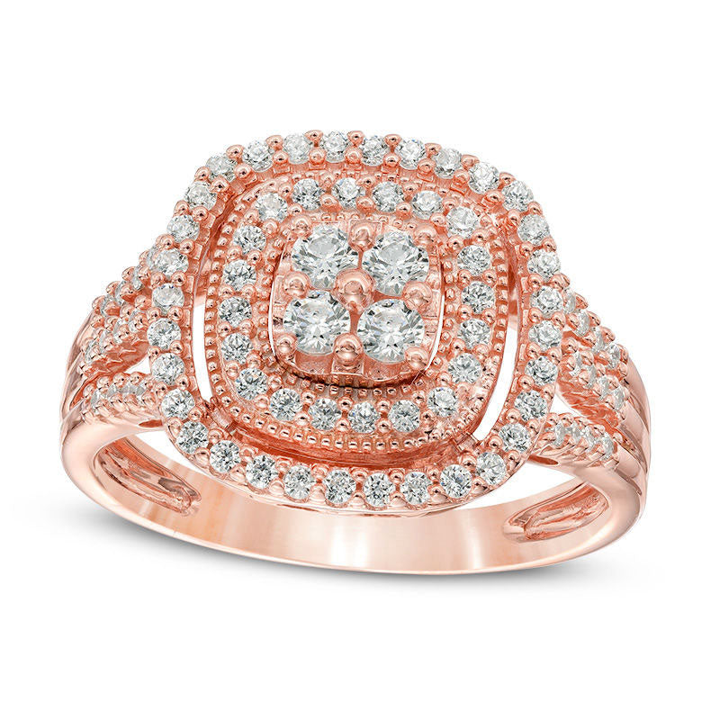 Image of ID 1 063 CT TW Quad Natural Diamond Double Cushion Frame Split Shank Antique Vintage-Style Ring in Solid 10K Rose Gold