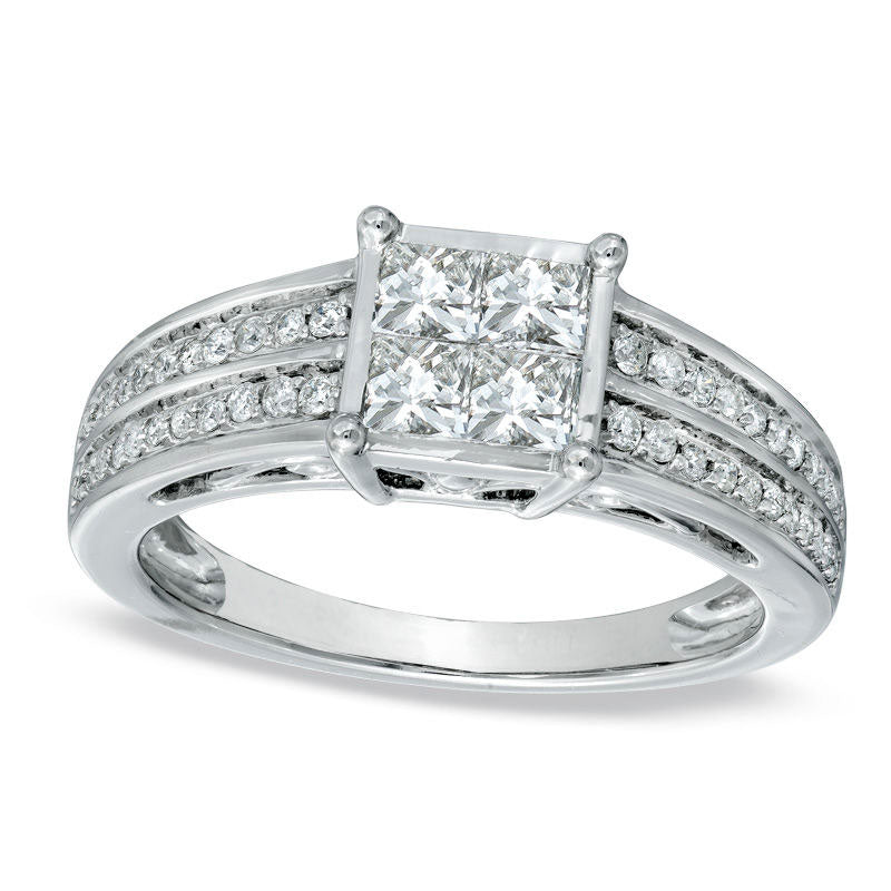 Image of ID 1 063 CT TW Quad Princess-Cut Natural Diamond Double Row Engagement Ring in Solid 14K White Gold