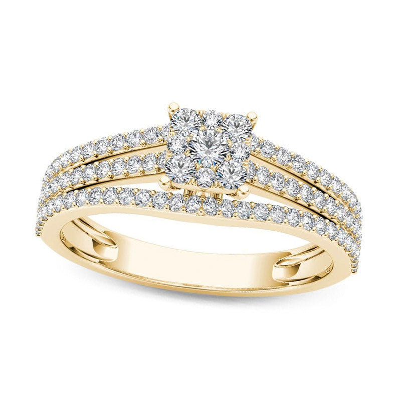 Image of ID 1 063 CT TW Square Composite Natural Diamond Three Row Engagement Ring in Solid 14K Gold