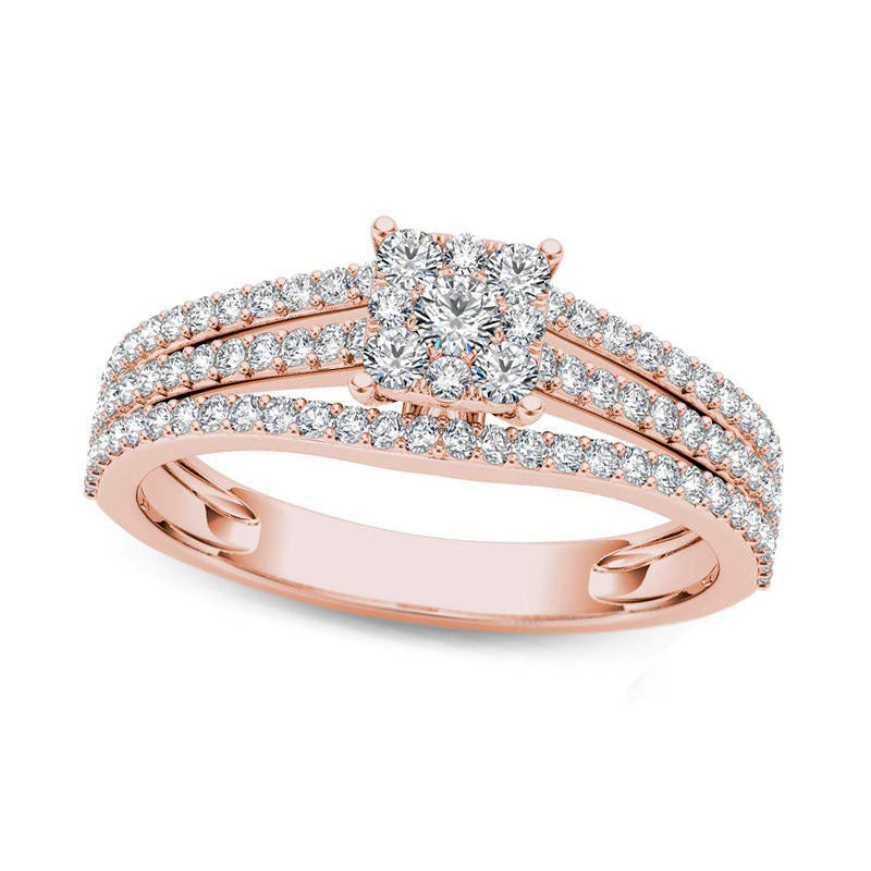 Image of ID 1 063 CT TW Square Composite Natural Diamond Three Row Engagement Ring in Solid 14K Rose Gold
