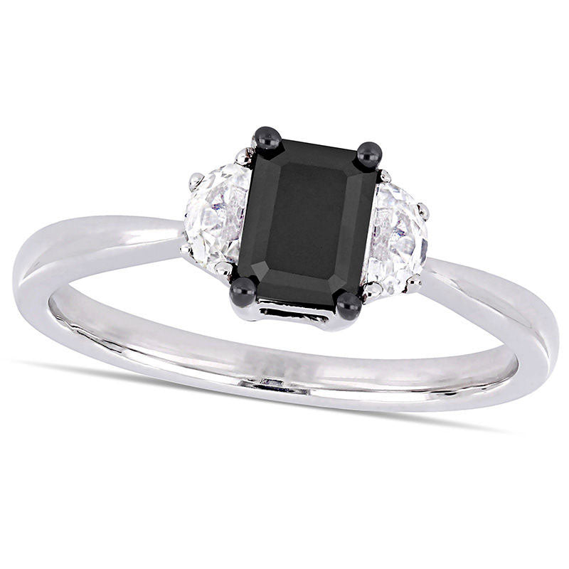 Image of ID 1 075 CT Emerald-Cut Enhanced Black Natural Diamond and White Sapphire Three Stone Engagement Ring in Solid 10K White Gold