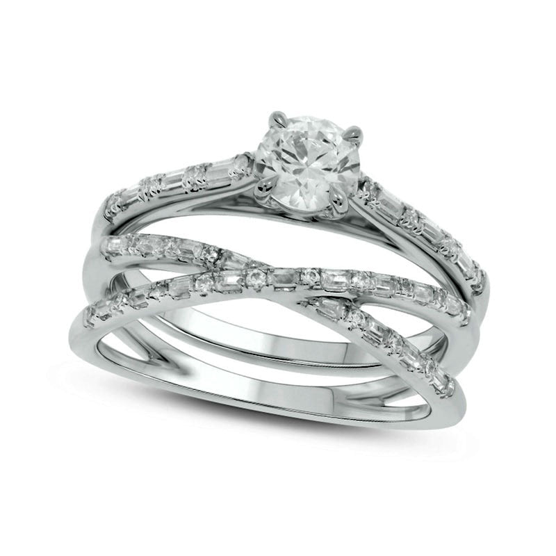 Image of ID 1 075 CT TW Baguette and Round Natural Diamond Alternating Crossover Bridal Engagement Ring Set in Solid 10K White Gold