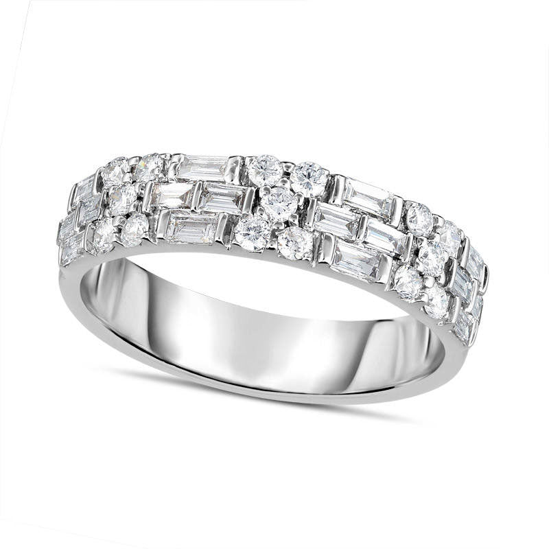 Image of ID 1 075 CT TW Baguette and Round Natural Diamond Alternating Multi-Row Band in Solid 14K White Gold