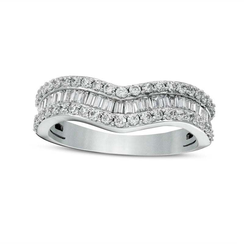 Image of ID 1 075 CT TW Baguette and Round Natural Diamond Contour Triple Row Anniversary Band in Solid 14K White Gold