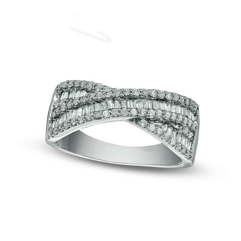 Image of ID 1 075 CT TW Baguette and Round Natural Diamond Crossover Band in Solid 10K White Gold