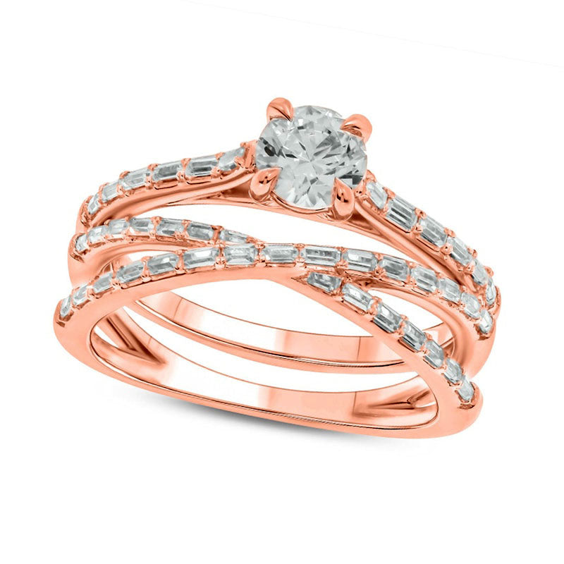 Image of ID 1 075 CT TW Baguette and Round Natural Diamond Crossover Bridal Engagement Ring Set in Solid 10K Rose Gold
