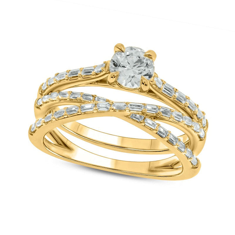 Image of ID 1 075 CT TW Baguette and Round Natural Diamond Crossover Bridal Engagement Ring Set in Solid 10K Yellow Gold