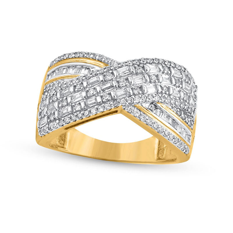 Image of ID 1 075 CT TW Baguette and Round Natural Diamond Crossover Multi-Row Ring in Solid 10K Yellow Gold