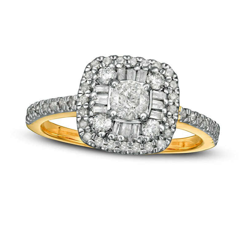Image of ID 1 075 CT TW Baguette and Round Natural Diamond Cushion Frame Ring in Solid 10K Yellow Gold