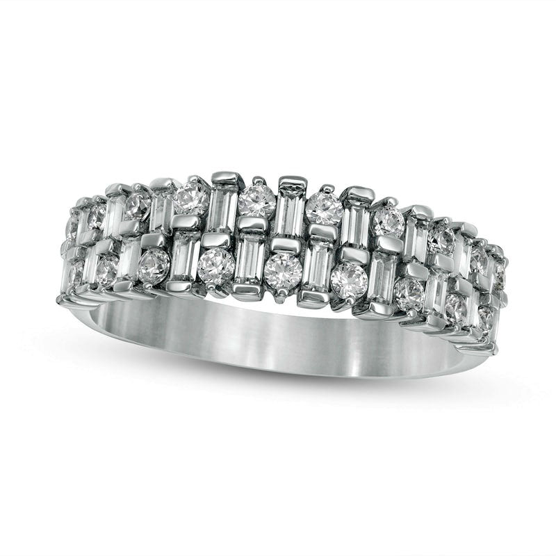Image of ID 1 075 CT TW Baguette and Round Natural Diamond Double Row Anniversary Band in Solid 14K White Gold