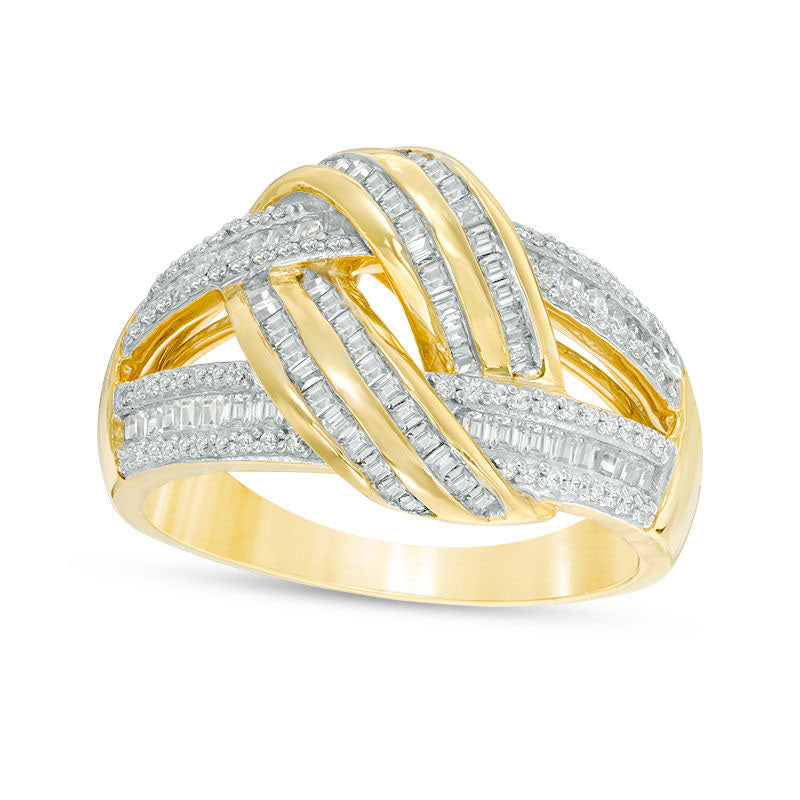 Image of ID 1 075 CT TW Baguette and Round Natural Diamond Multi-Row Knot Ring in Solid 10K Yellow Gold