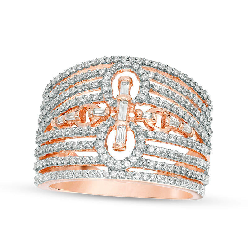 Image of ID 1 075 CT TW Baguette and Round Natural Diamond Multi-Row Link Ring in Solid 10K Rose Gold