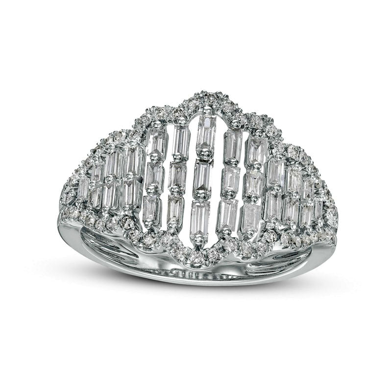 Image of ID 1 075 CT TW Baguette and Round Natural Diamond Multi-Row Scallop Edge Ring in Solid 10K White Gold