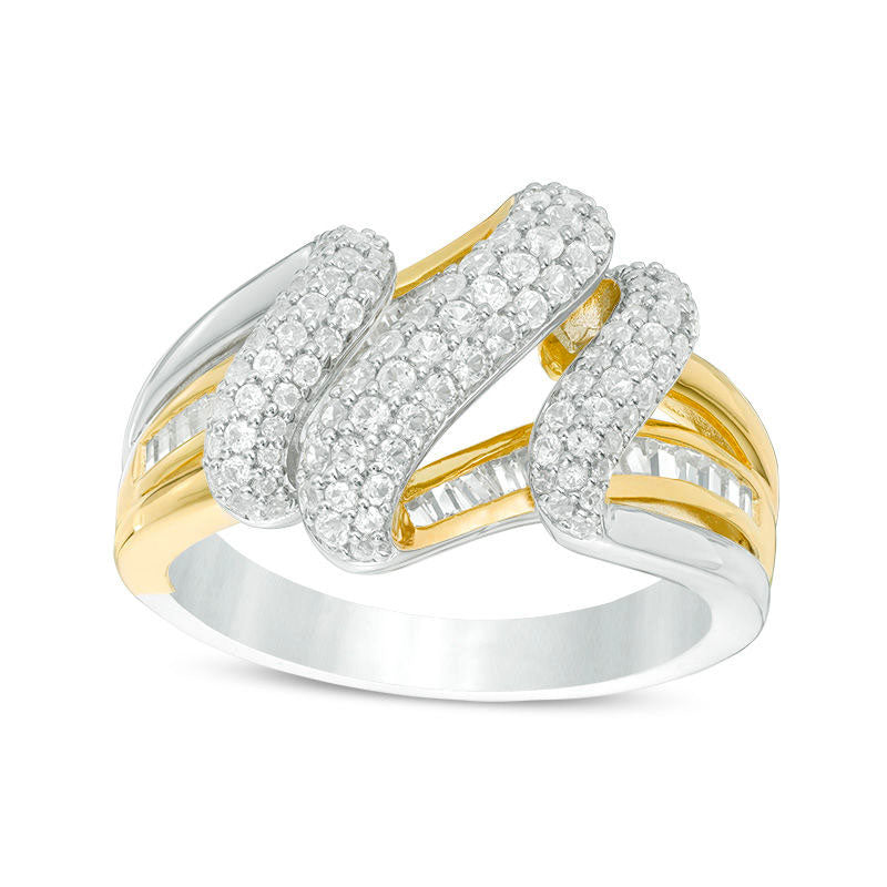 Image of ID 1 075 CT TW Baguette and Round Natural Diamond Three Row Wave Ring in Solid 10K Two-Tone Gold